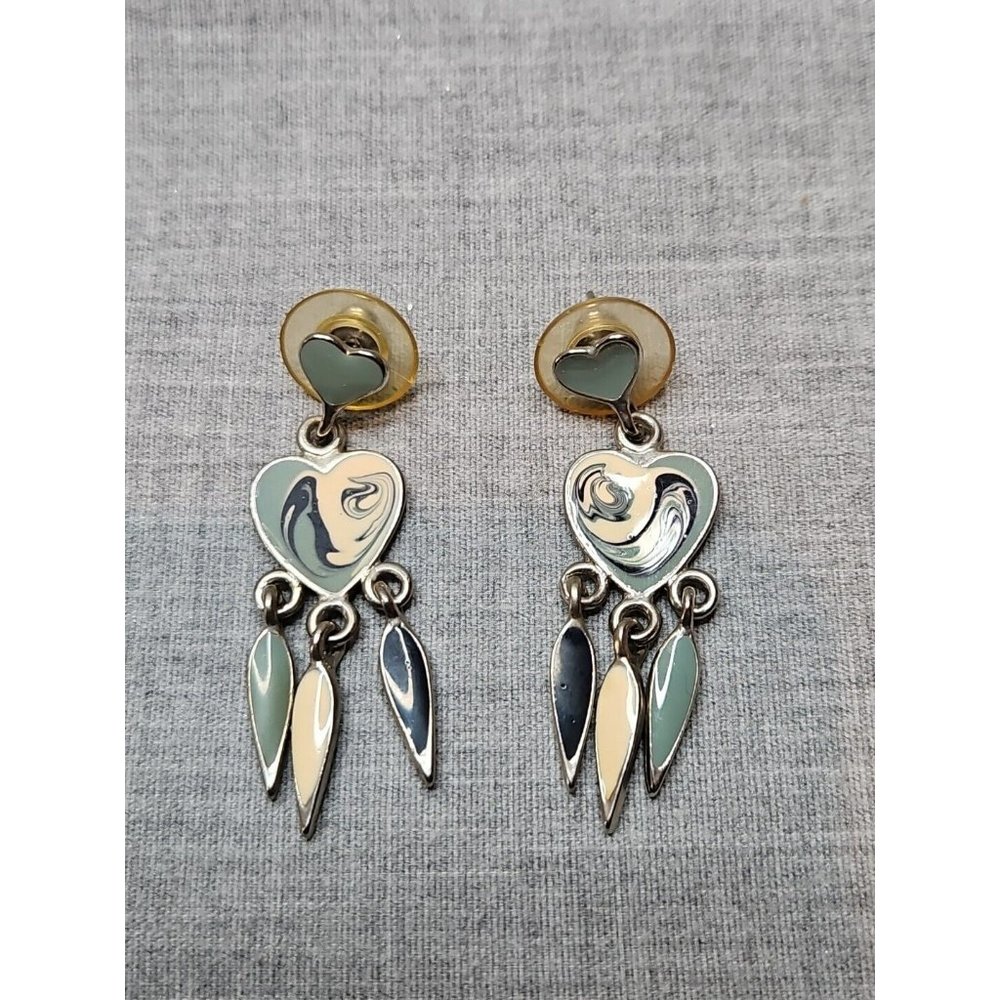 Vintage Silver Tone Blue Swirl Heart Multicolor Dangle Earrings, 1.25'' Length